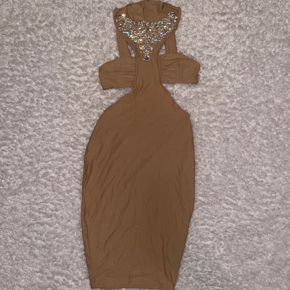 Geebin Flores Adella Nude crystal embellished cut out dress NWT